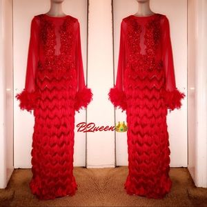Red fringe evening gown